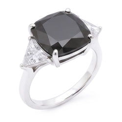 Women's Black Engagement Ring 3.6 Carat Real Cushion Diamond Trilliant Three Stone 14K White Gold
