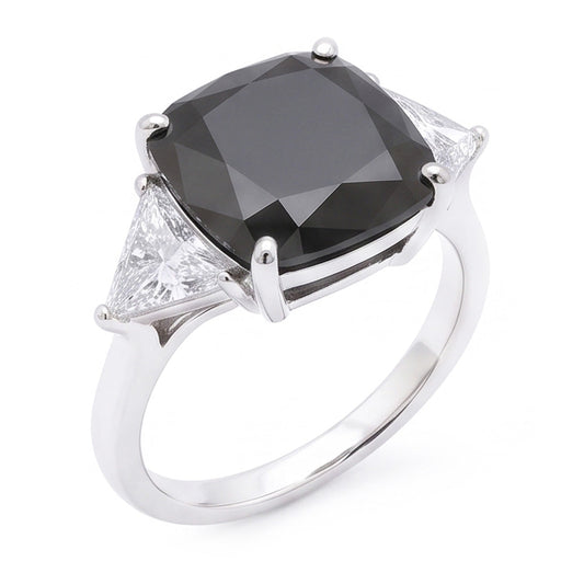 Women's Black Engagement Ring 3.6 Carat Real Cushion Diamond Trilliant Three Stone 14K White Gold