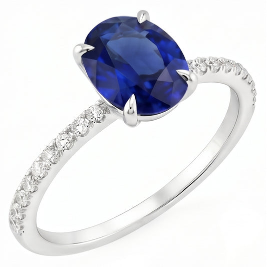 Women's Engagement Ring Oval Blue Sapphire & Natural Earth Mined Diamond ( Not Lab Grown ) Accents 4 Carats