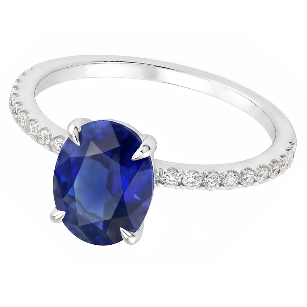 Women's Engagement Ring Oval Blue Sapphire & Natural Earth Mined Diamond ( Not Lab Grown ) Accents 4 Carats