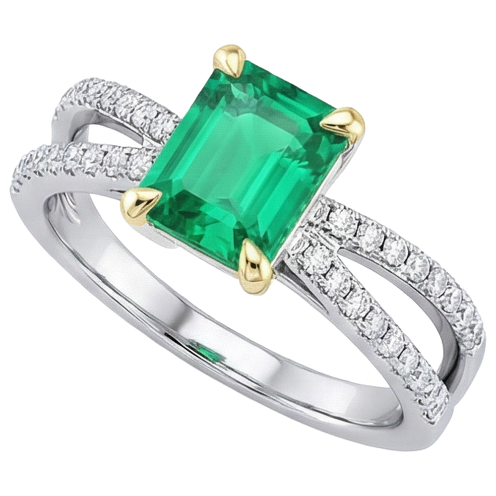 Fine Emerald Gemstone Ring 2-ct 14K Two Tone Gold – front view