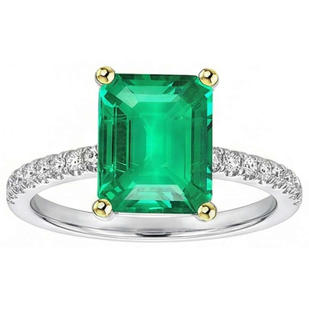 Precious Stone Ring Two-Tone 14K Gold with Emerald – front view