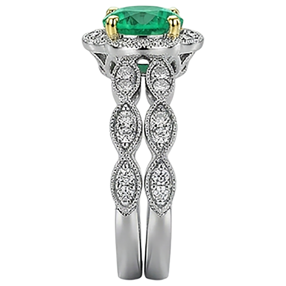 Fine Emerald Round Brilliant Gemstone Ring in Two-Tone 14K Gold – back view