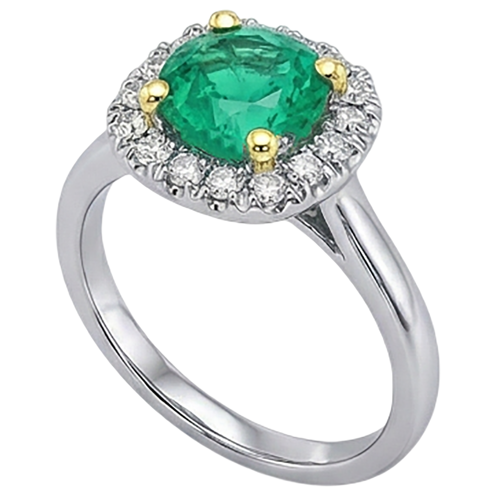 Fine Emerald Round Brilliant Colored Stone Ring in 14 Karat Two Tone Gold – profile view