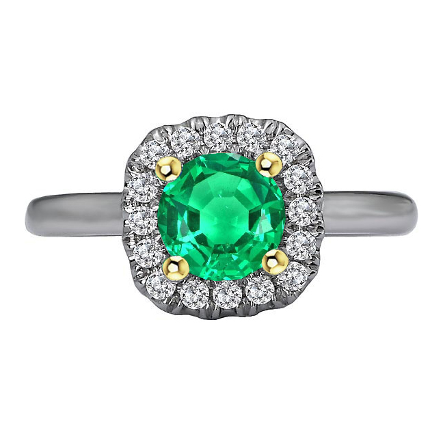 Fine Emerald Round Brilliant Colored Stone Ring in 14 Karat Two Tone Gold – main view