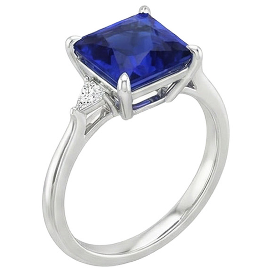 Women's Natural Earth Mined Diamond ( Not Lab Grown ) Ring Princess Blue Sapphire 5.25 Carats White Gold