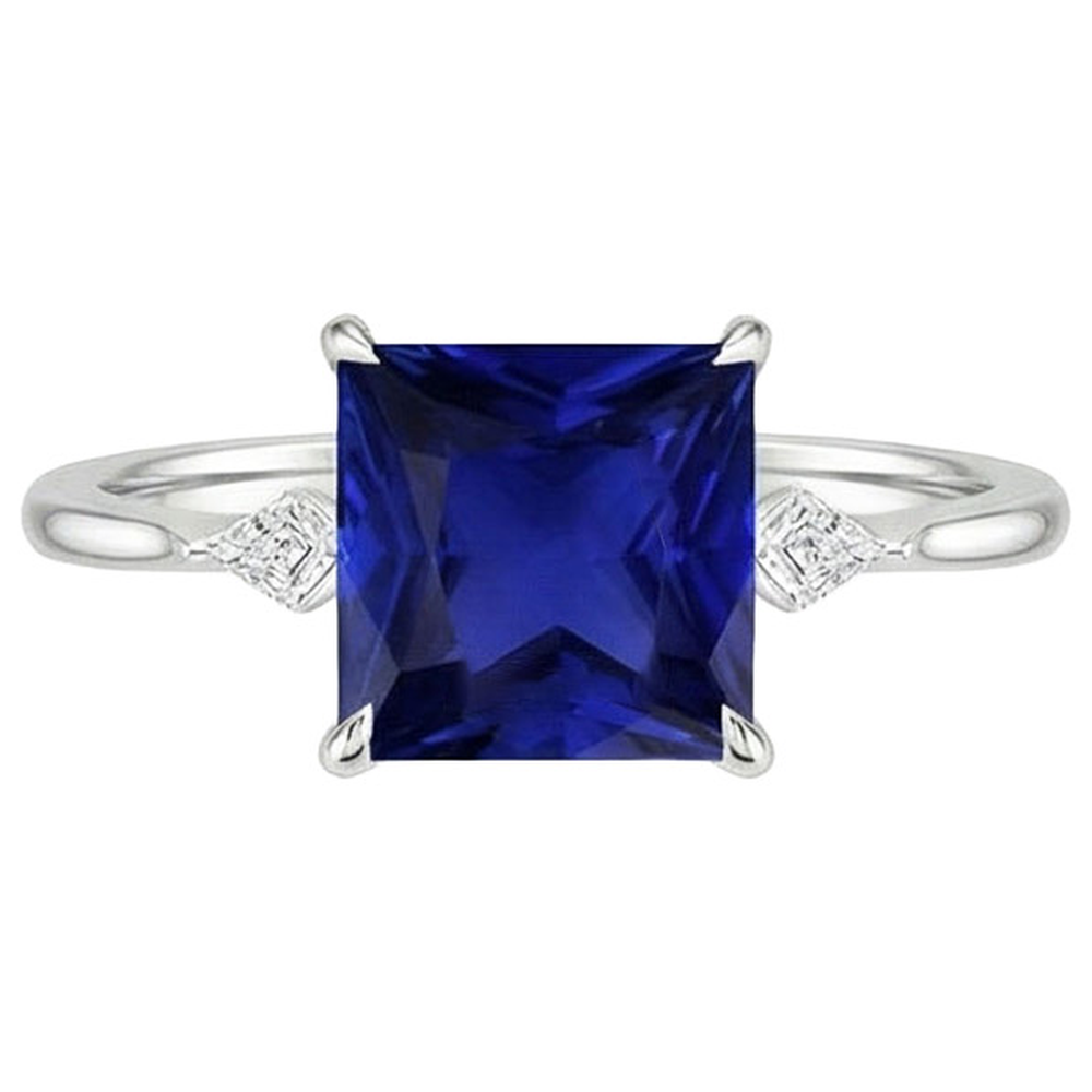 Women's Natural Earth Mined Diamond ( Not Lab Grown ) Ring Princess Blue Sapphire 5.25 Carats White Gold
