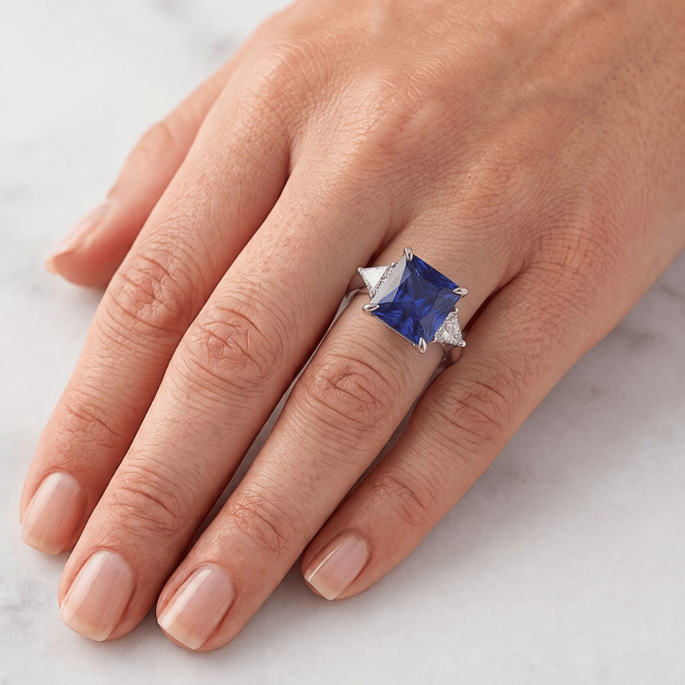 Women's Natural Earth Mined Diamond ( Not Lab Grown ) Ring Princess Blue Sapphire 5.25 Carats White Gold