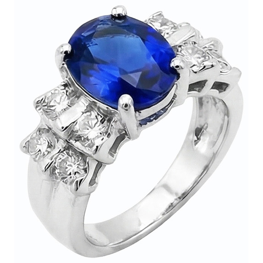 Women's Oval Blue Sapphire Wedding Ring 2.50 Carats Bar Set Natural Earth Mined Diamond ( Not Lab Grown )s