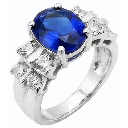 Women's Oval Blue Sapphire Wedding Ring 2.50 Carats Bar Set Natural Earth Mined Diamond ( Not Lab Grown )s