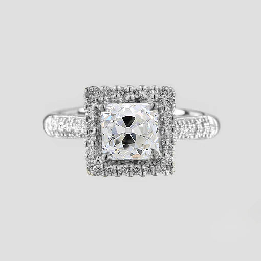 Women’s Halo Engagement Ring Old Cut Cushion Gold 1.75 Carats Real Diamond