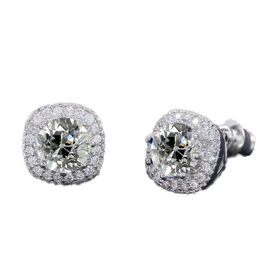 Women’s Halo Real Diamond Stud Earrings Round Old Cut 5.50 Carats Gold 14K