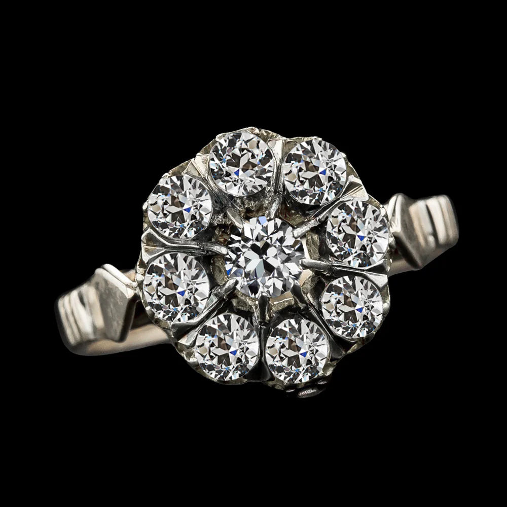 Women’s Old Cut Round Real Diamond Halo Ring Vintage Style 9 Carats