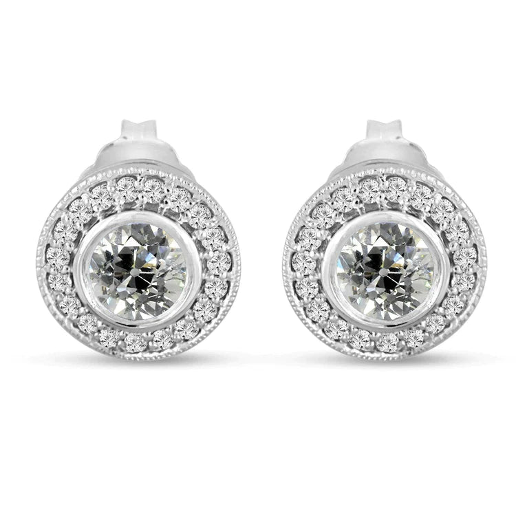 Women's Real Diamond Halo Stud Earrings Bezel Set Old Miner 6 Carats