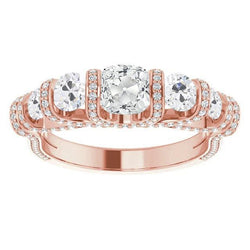 Women's Ring Real Cushion Old Mine Cut & Round Diamonds 10 Carats Rose Gold