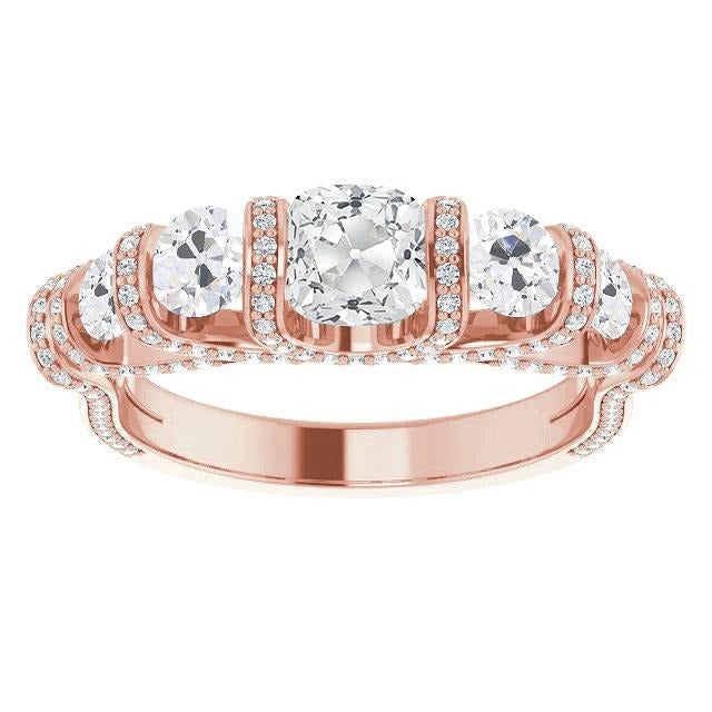 Women's Ring Real Cushion Old Mine Cut & Round Diamonds 10 Carats Rose Gold