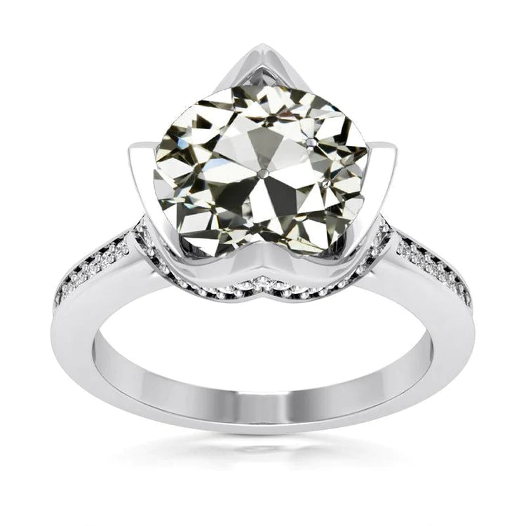 Women’s Ring Round Old European Real Diamond 14K White Gold 7 Carats