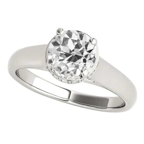 Women’s Solitaire Ring Old Mine Cut Real Diamond 4 Prong Set 2 Carats