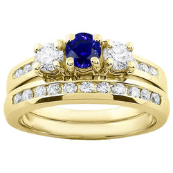 Women's Yellow Gold Real Diamond Sapphire Engagement Ring Set 2 Carats