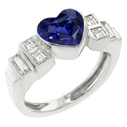 Womens Baguette Natural Earth Mined Diamond ( Not Lab Grown ) Heart Blue Sapphire Ring Bezel Set 2.50 Carats