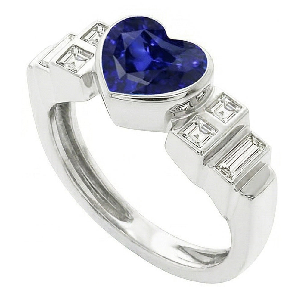 Womens Baguette Natural Earth Mined Diamond ( Not Lab Grown ) Heart Blue Sapphire Ring Bezel Set 2.50 Carats