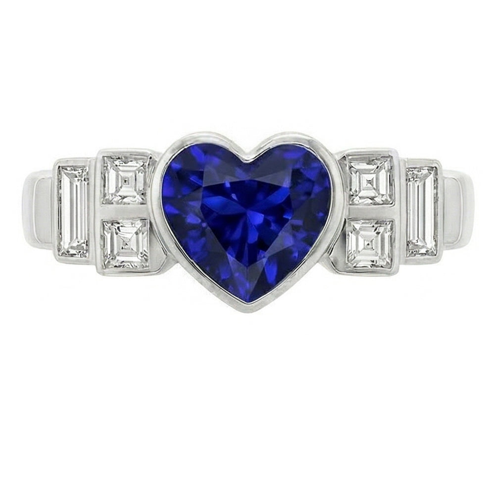 Womens Baguette Natural Earth Mined Diamond ( Not Lab Grown ) Heart Blue Sapphire Ring Bezel Set 2.50 Carats