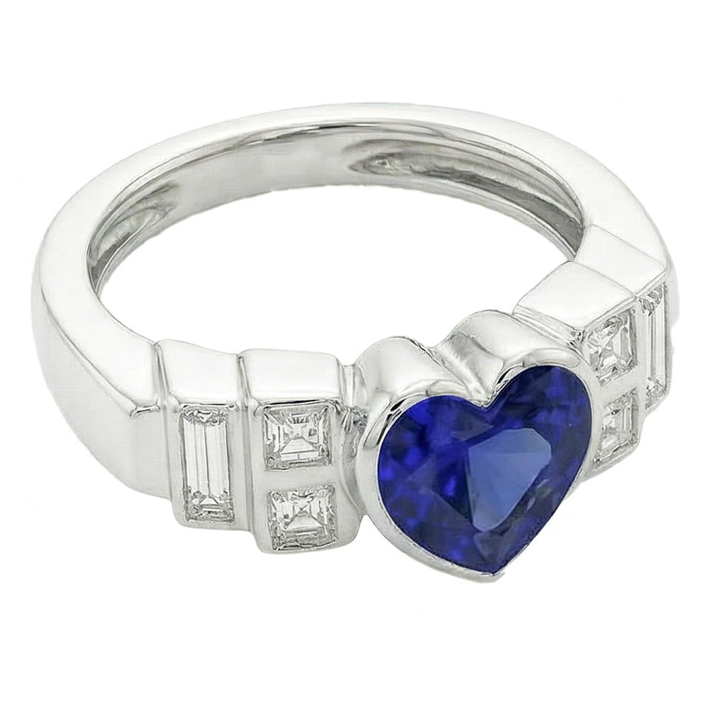 Womens Baguette Natural Earth Mined Diamond ( Not Lab Grown ) Heart Blue Sapphire Ring Bezel Set 2.50 Carats