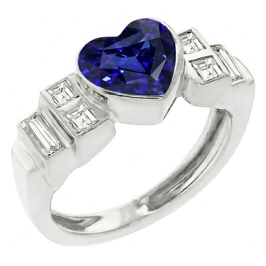 Womens Baguette Natural Earth Mined Diamond ( Not Lab Grown ) Heart Blue Sapphire Ring Bezel Set 2.50 Carats