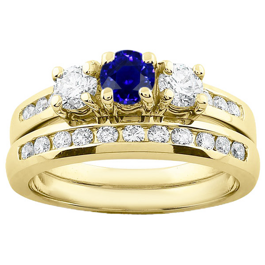 Women's Yellow Gold Diamond Sapphire Engagement Ring Set