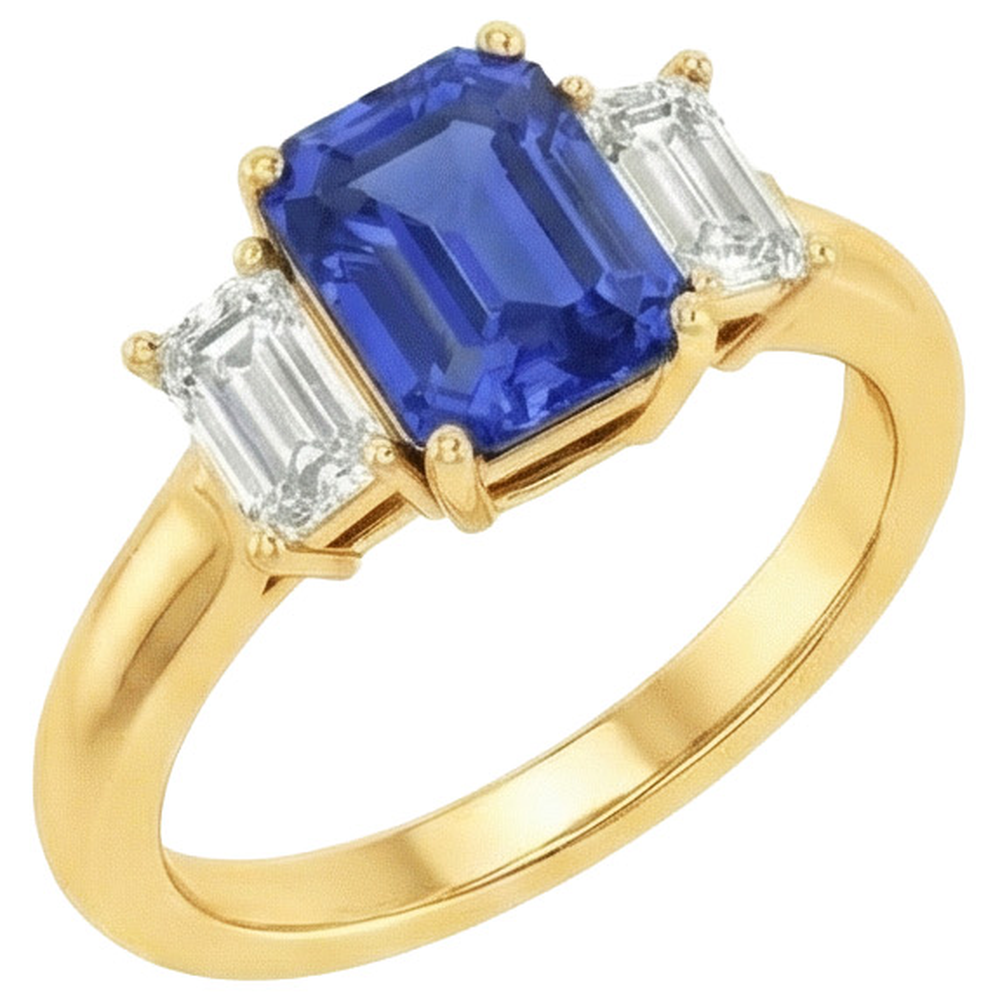 Yellow Gold 3 Stone Blue Sapphire & Natural Earth Mined Diamond ( Not Lab Grown ) Ring 9 Carats
