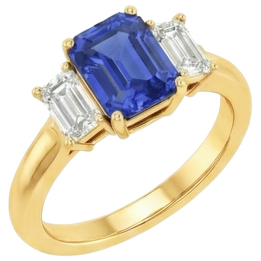 Yellow Gold 3 Stone Blue Sapphire & Natural Earth Mined Diamond ( Not Lab Grown ) Ring 9 Carats
