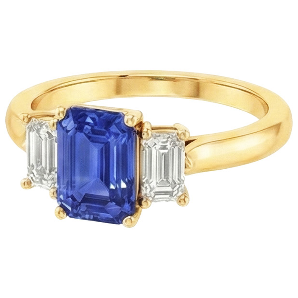 Yellow Gold 3 Stone Blue Sapphire & Natural Earth Mined Diamond ( Not Lab Grown ) Ring 9 Carats