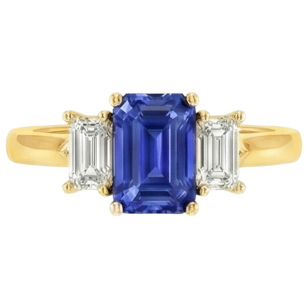 Yellow Gold 3 Stone Blue Sapphire & Natural Earth Mined Diamond ( Not Lab Grown ) Ring 9 Carats