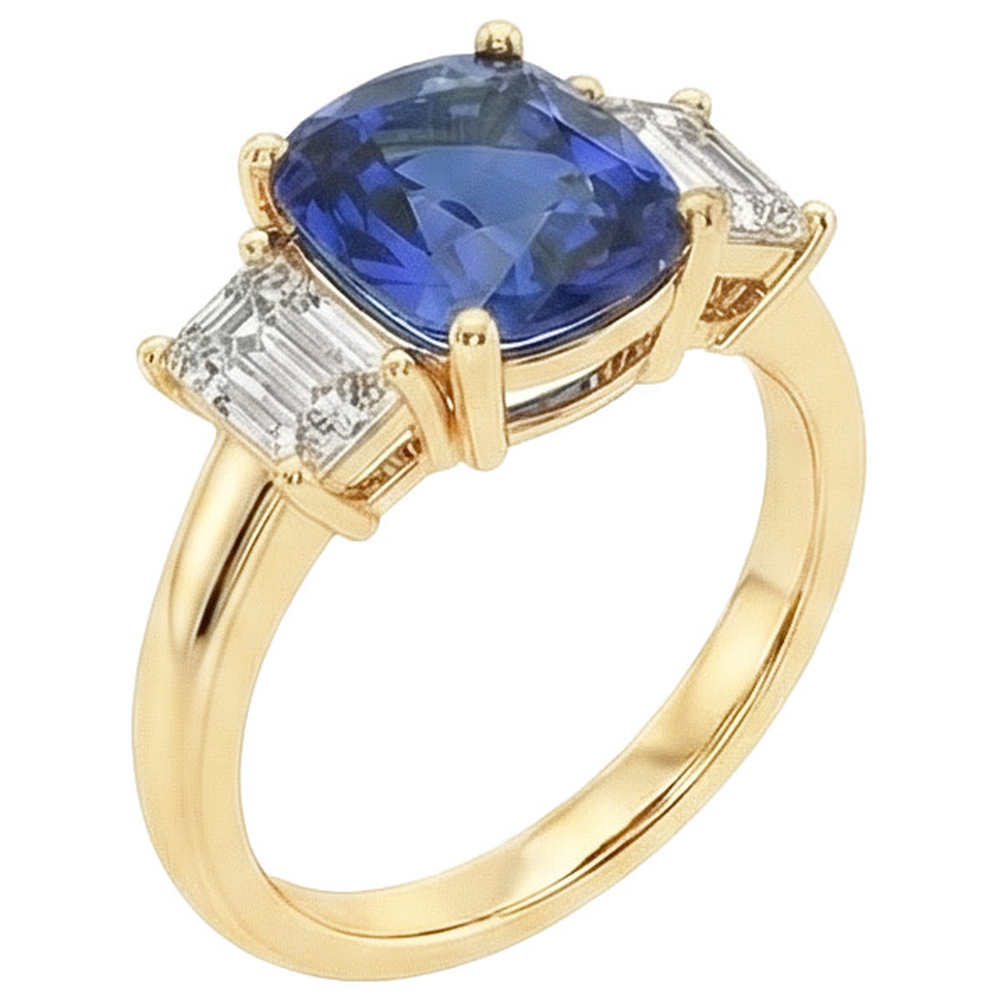Yellow Gold 3 Stone Ring Cushion Ceylon Sapphire & Natural Earth Mined Diamond ( Not Lab Grown )s 9 Carats