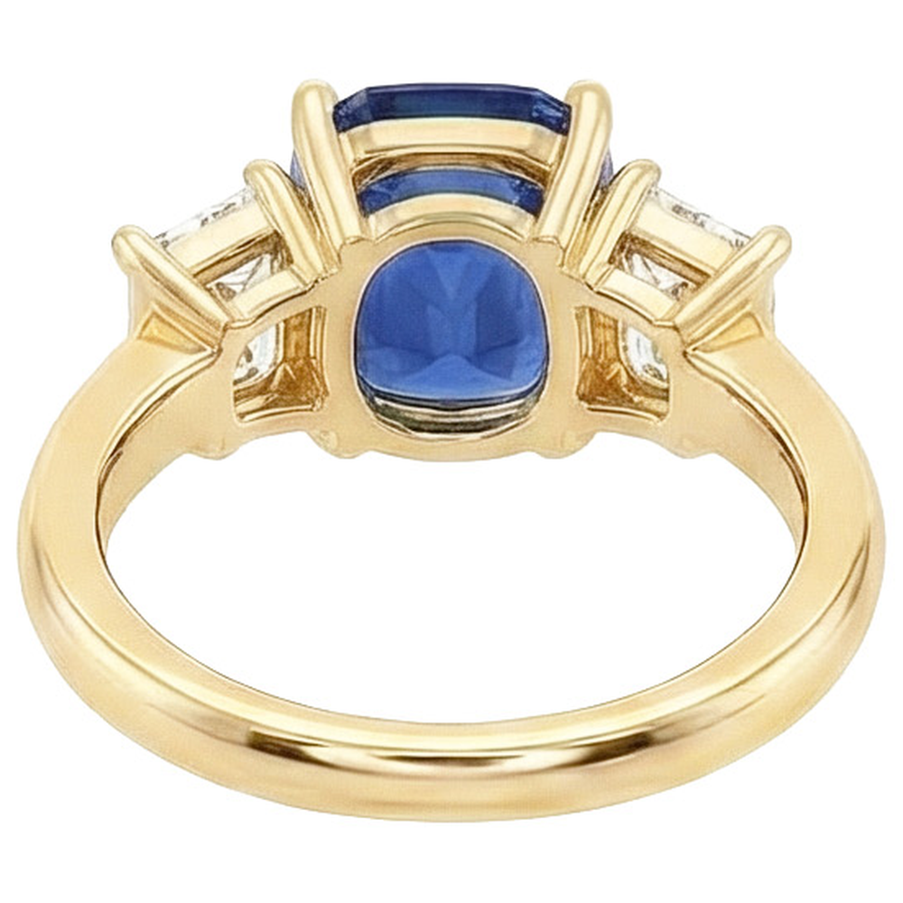 Yellow Gold 3 Stone Ring Cushion Ceylon Sapphire & Natural Earth Mined Diamond ( Not Lab Grown )s 9 Carats