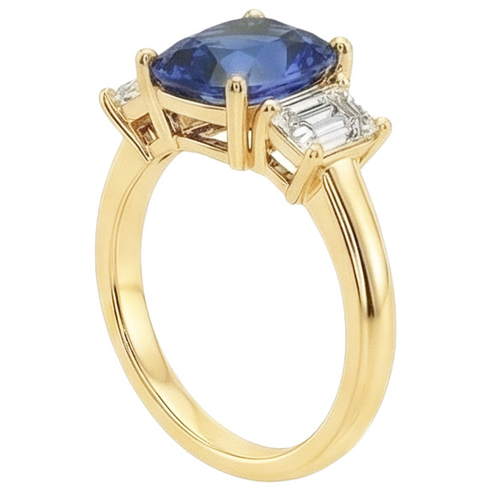 Yellow Gold 3 Stone Ring Cushion Ceylon Sapphire & Natural Earth Mined Diamond ( Not Lab Grown )s 9 Carats