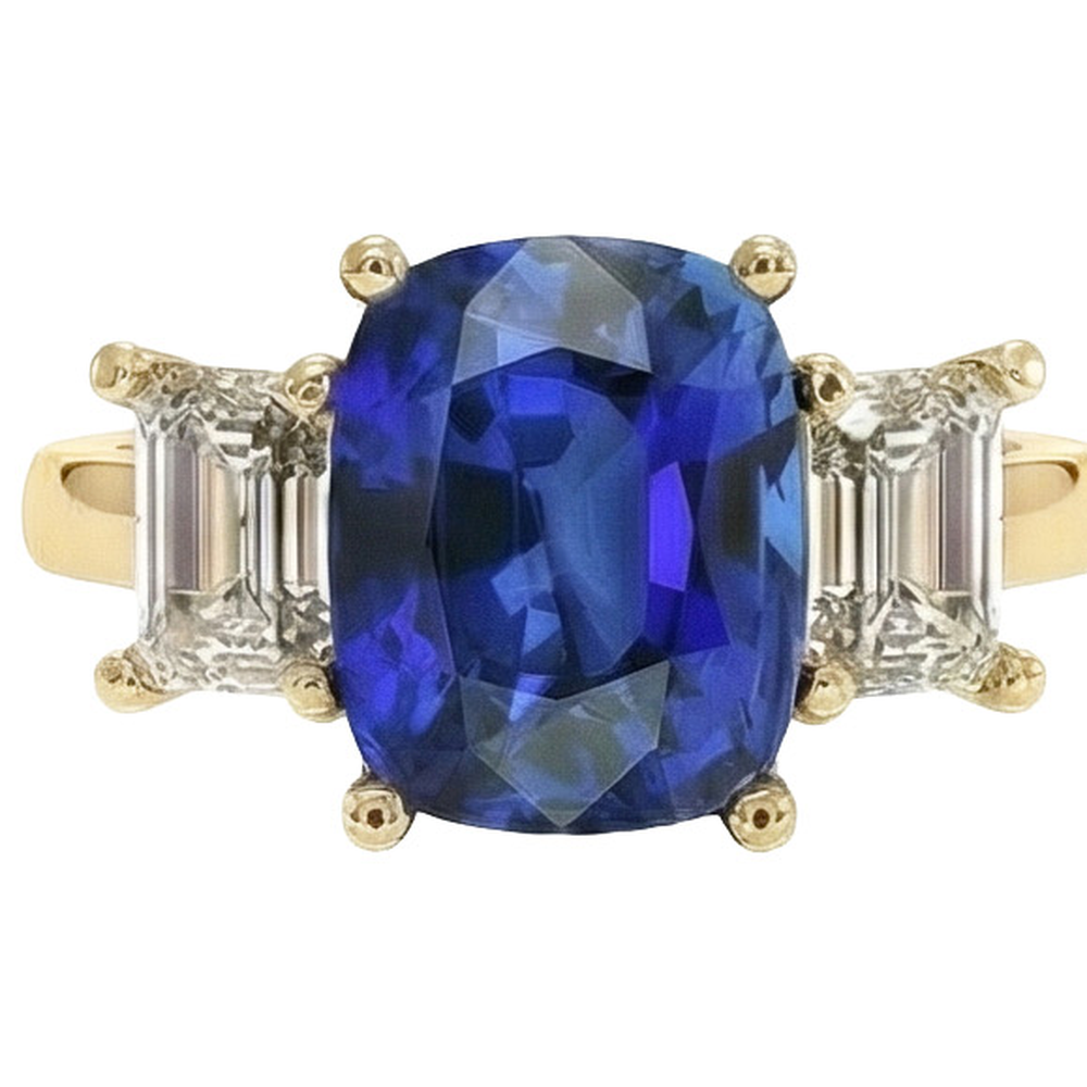 Yellow Gold 3 Stone Ring Cushion Ceylon Sapphire & Natural Earth Mined Diamond ( Not Lab Grown )s 9 Carats