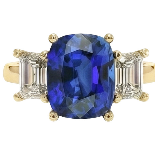 Yellow Gold 3 Stone Ring Cushion Ceylon Color Sapphire & IGI CERTIFIED Diamonds 9 Carats