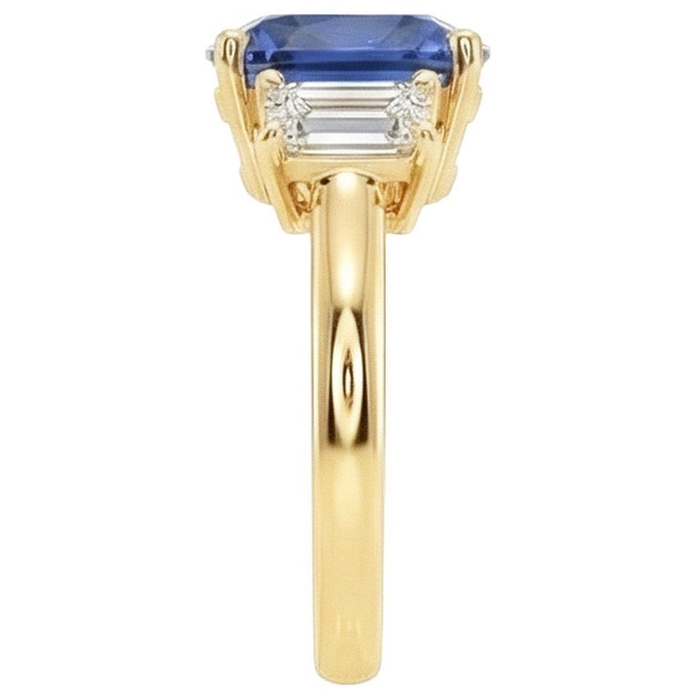 Yellow Gold 3 Stone Ring Cushion Ceylon Sapphire & Natural Earth Mined Diamond ( Not Lab Grown )s 9 Carats