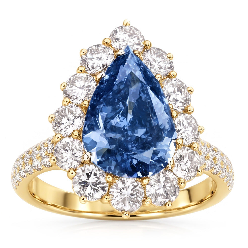 Yellow Gold Blue Natural Earth Mined Diamond ( Not Lab Grown )  Cocktail Ring
