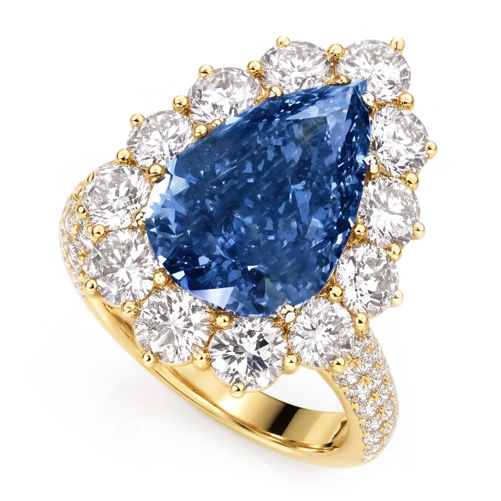 Yellow Gold Blue Natural Earth Mined Diamond ( Not Lab Grown )  Cocktail Ring