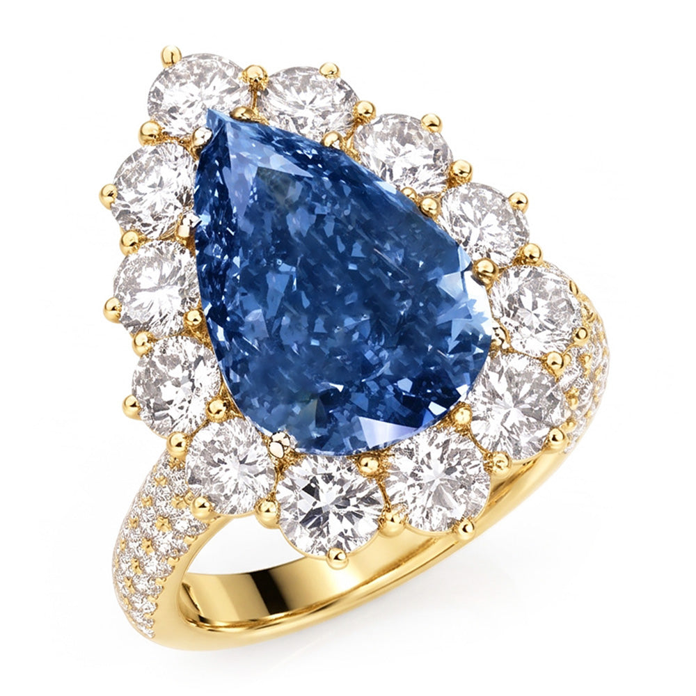 Yellow Gold Blue Natural Earth Mined Diamond ( Not Lab Grown )  Cocktail Ring