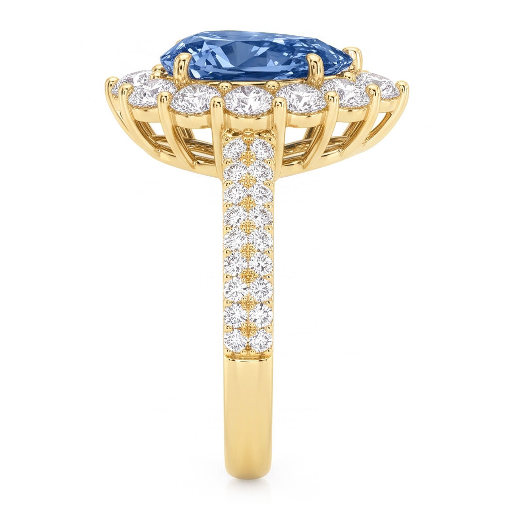 Yellow Gold Blue Natural Earth Mined Diamond ( Not Lab Grown )  Cocktail Ring