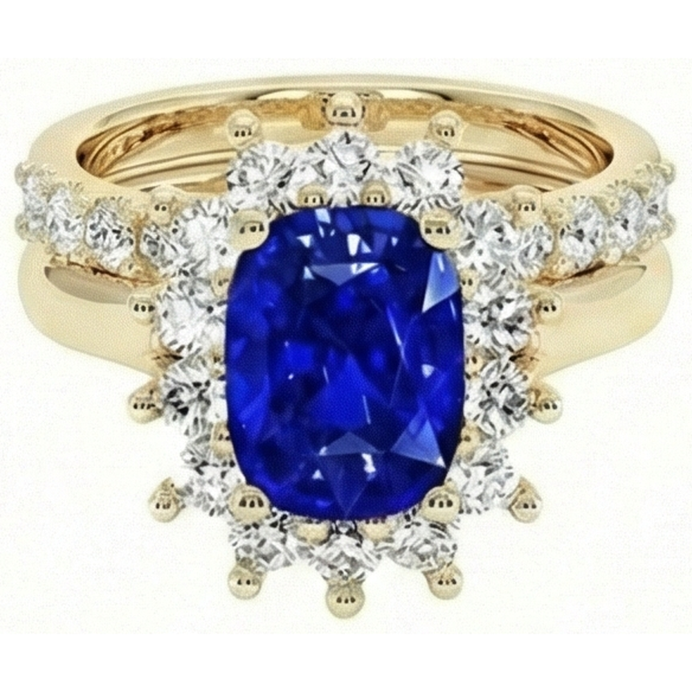 Yellow Gold Ceylon Sapphire Ring Set With Natural Earth Mined Diamond ( Not Lab Grown ) Accents 7.50 Carats
