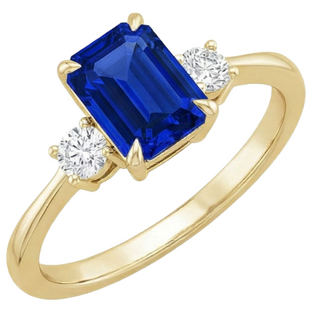 Yellow Gold Emerald 3 Stones Ring Blue Sapphire & Natural Earth Mined Diamond ( Not Lab Grown ) 3.50 Carats