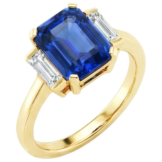 Yellow Gold Emerald Gemstone Ring Baguette Natural Earth Mined Diamond ( Not Lab Grown )s 5 Carats 3 Stone