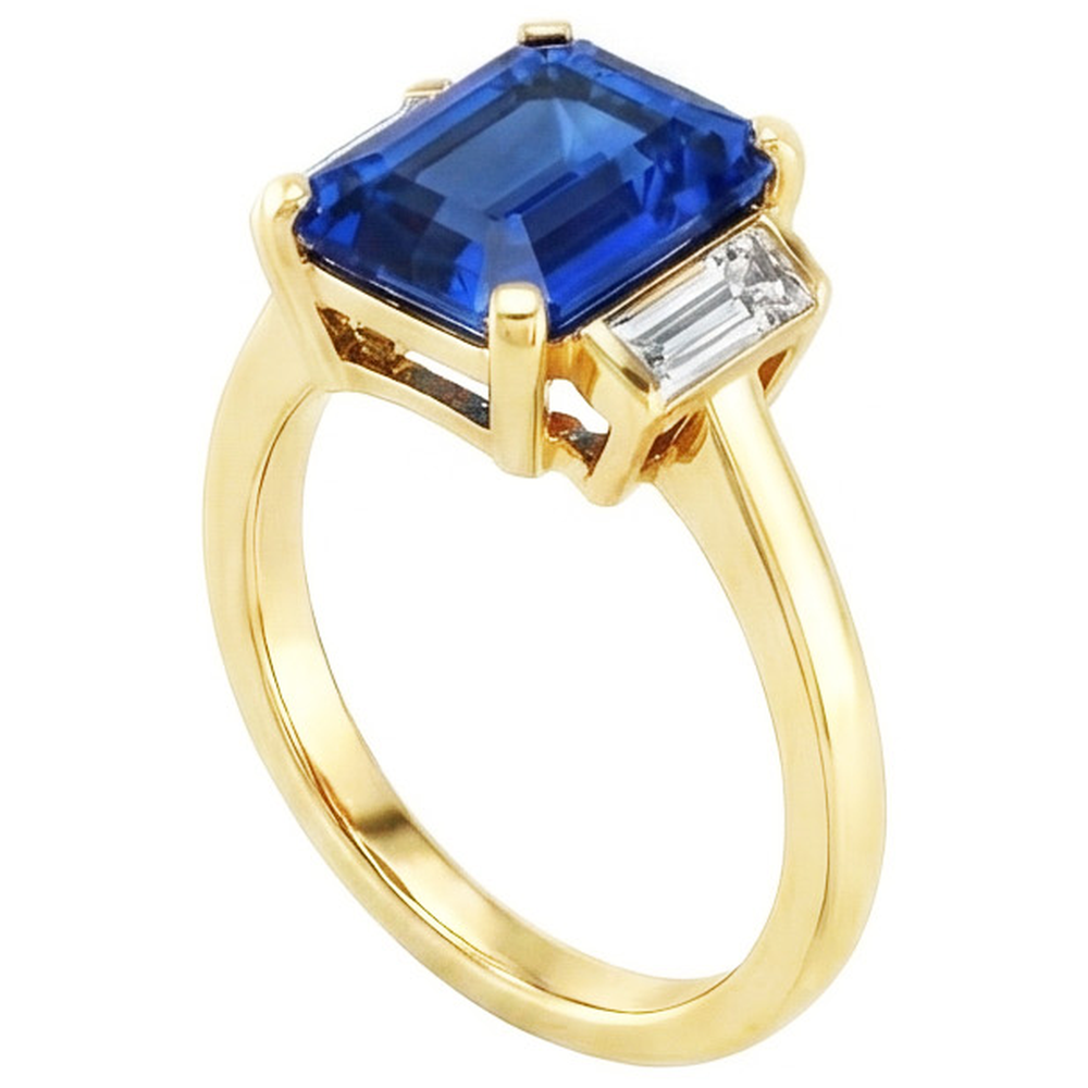 Yellow Gold Emerald Gemstone Ring Baguette Natural Earth Mined Diamond ( Not Lab Grown )s 5 Carats 3 Stone