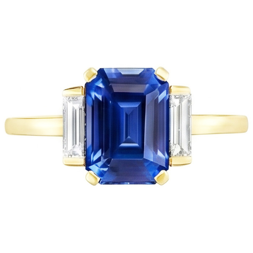 Yellow Gold Emerald Gemstone Ring Baguette Natural Earth Mined Diamond ( Not Lab Grown )s 5 Carats 3 Stone