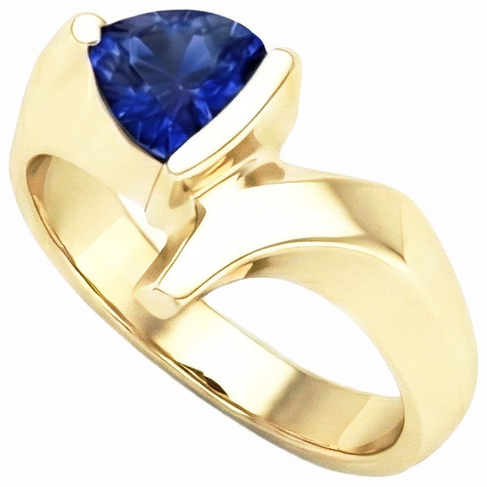 Yellow Gold Gemstone Ring Trillion Shaped Ceylon Sapphire 1 Carat