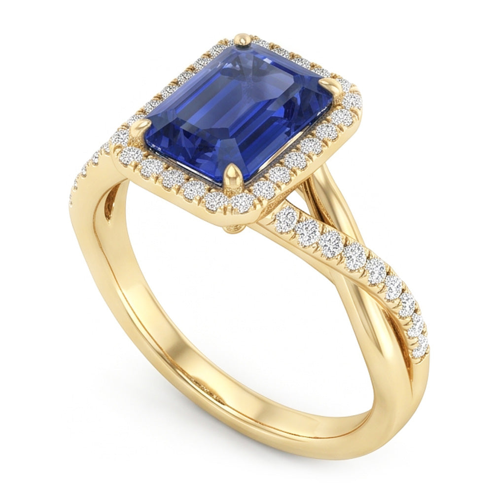 Yellow Gold Halo Ring Emerald Shaped Sri Lankan Sapphire 3 Carats